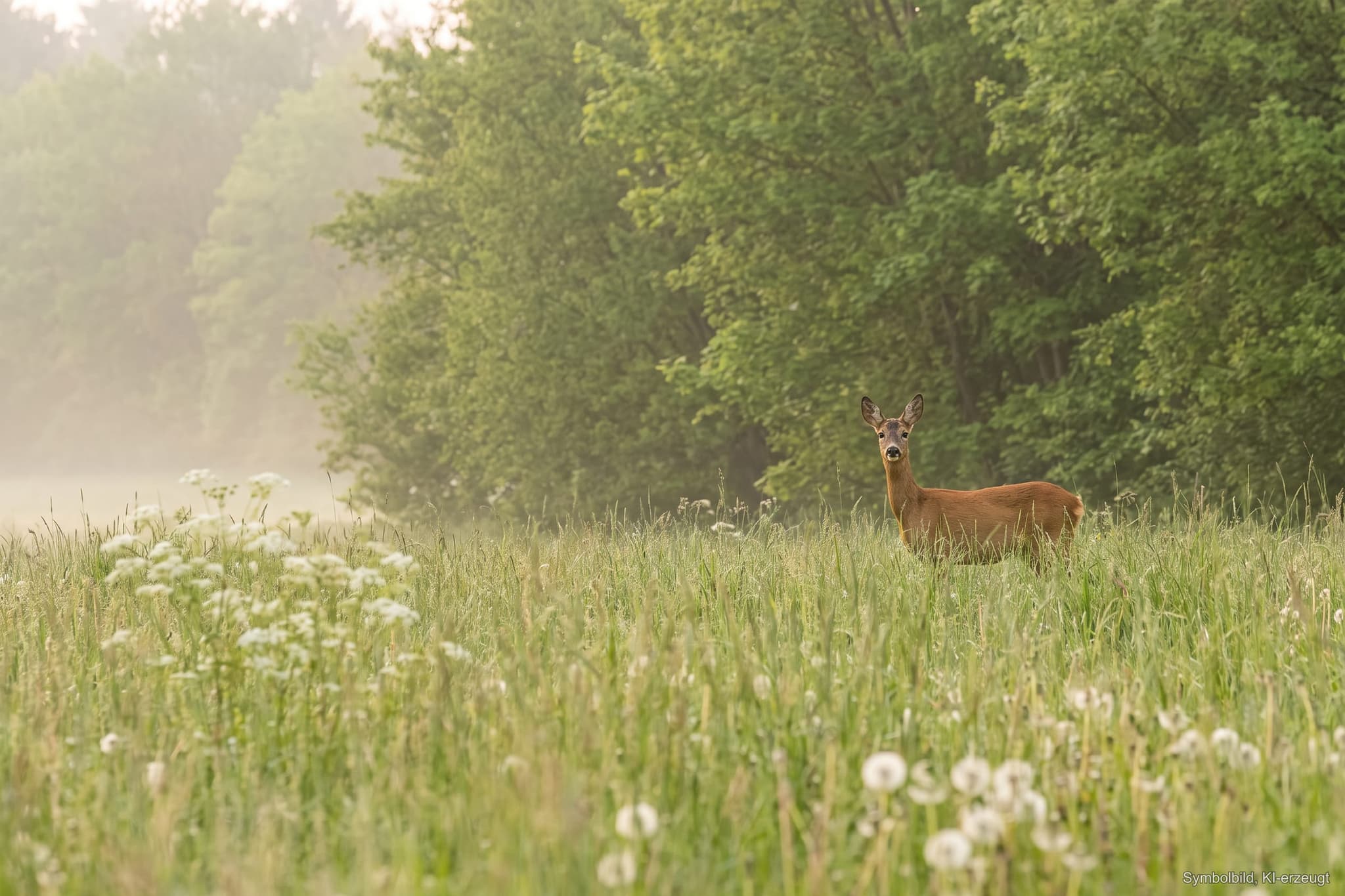 Ricke steht am Morgen am Rand einer hohen Maiwiese vor dem Waldrand, im Vordergrund blühender Wiesenkerbel, ein Kitz ist nicht zu sehen (KI-erzeugtes Symbolbild)