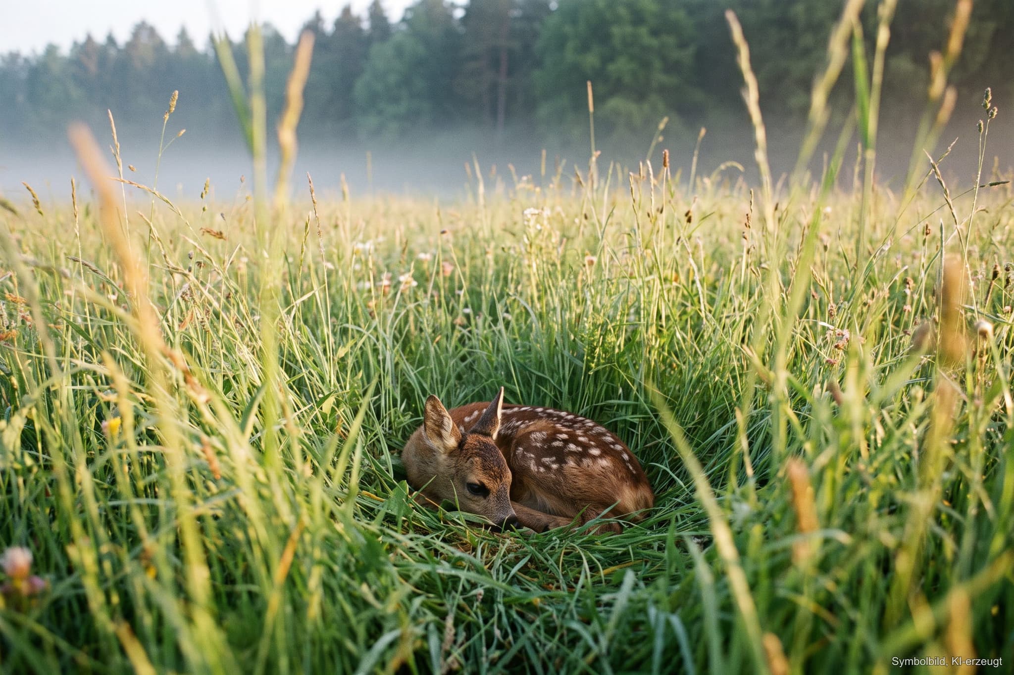 Ein Rehkitz drückt sich reglos in hohes, taunasses Wiesengras, aufgenommen aus der Entfernung im Morgenlicht (KI-erzeugtes Symbolbild)