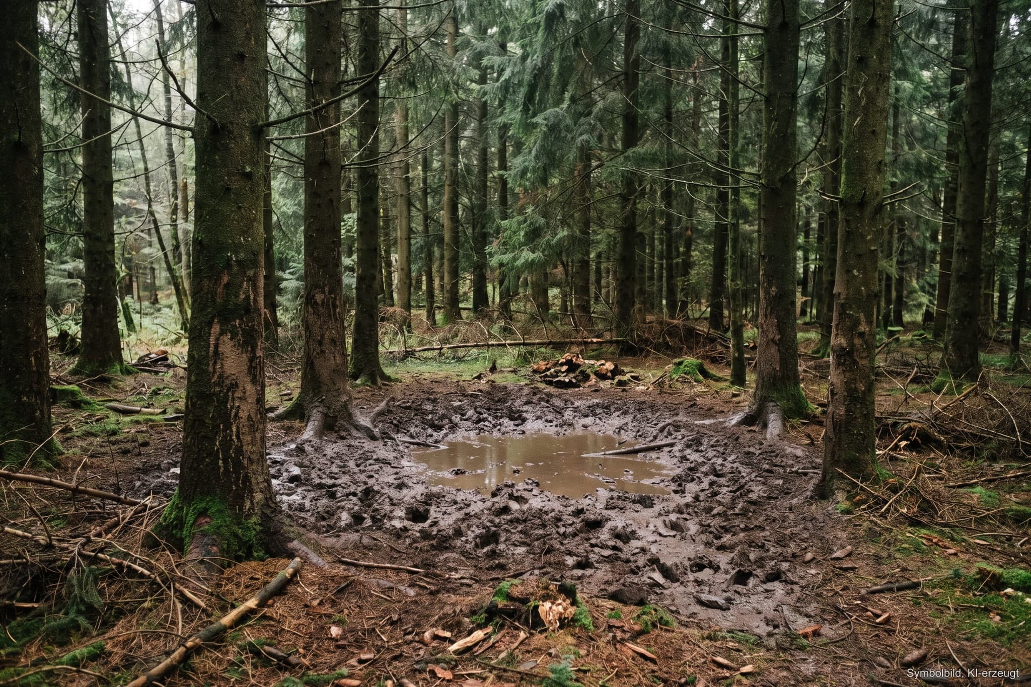 Schlammige Wildschweinsuhle in einer dichten Fichtendickung, ringsum aufgebrochener Boden und Schiebespuren an den Stämmen, diesiges Herbstlicht (KI-erzeugtes Symbolbild)