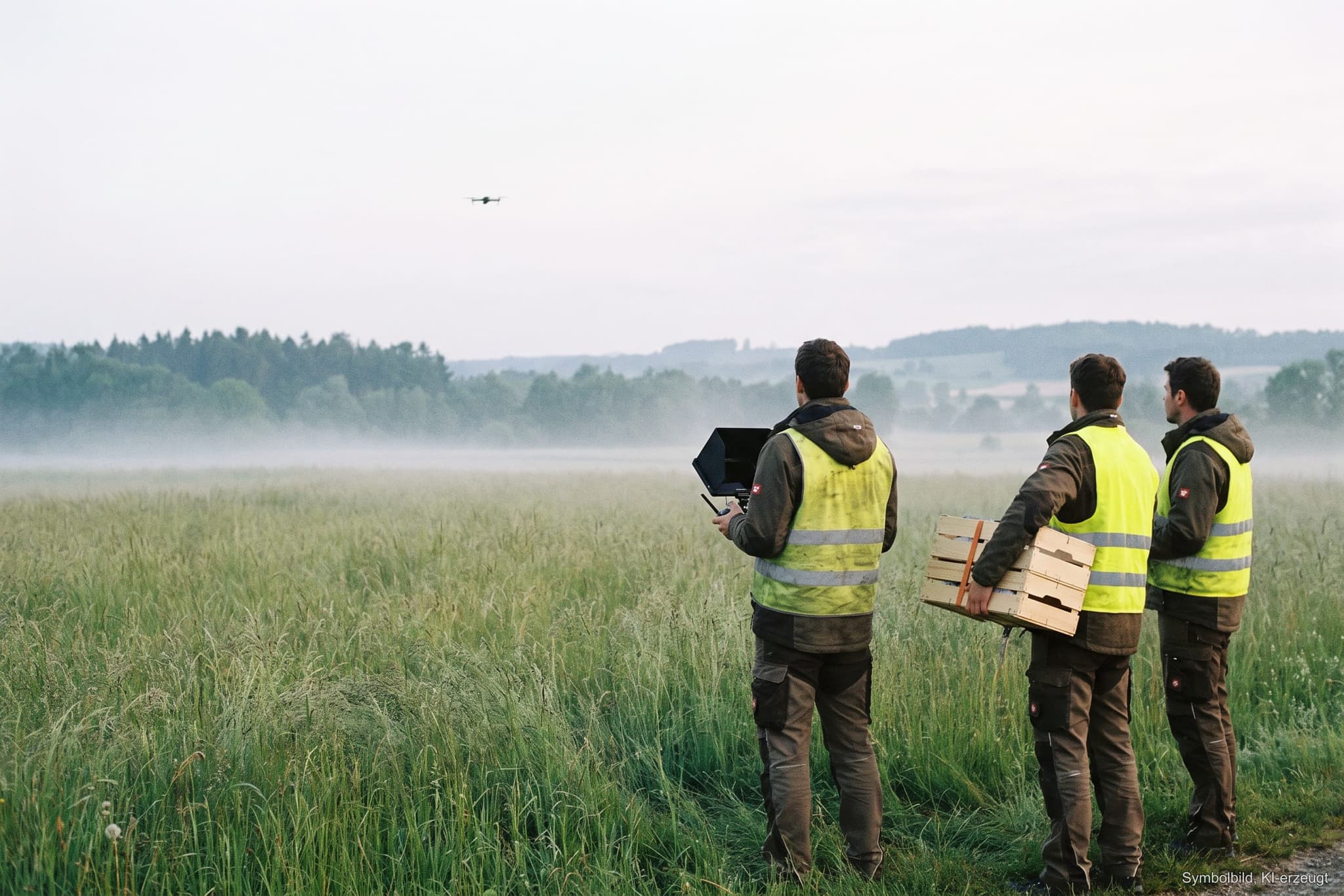 Drei Helfer in Warnwesten am Rand einer taunassen Wiese im Morgennebel, einer steuert die Drohne, ein anderer trägt Kisten (KI-erzeugtes Symbolbild)