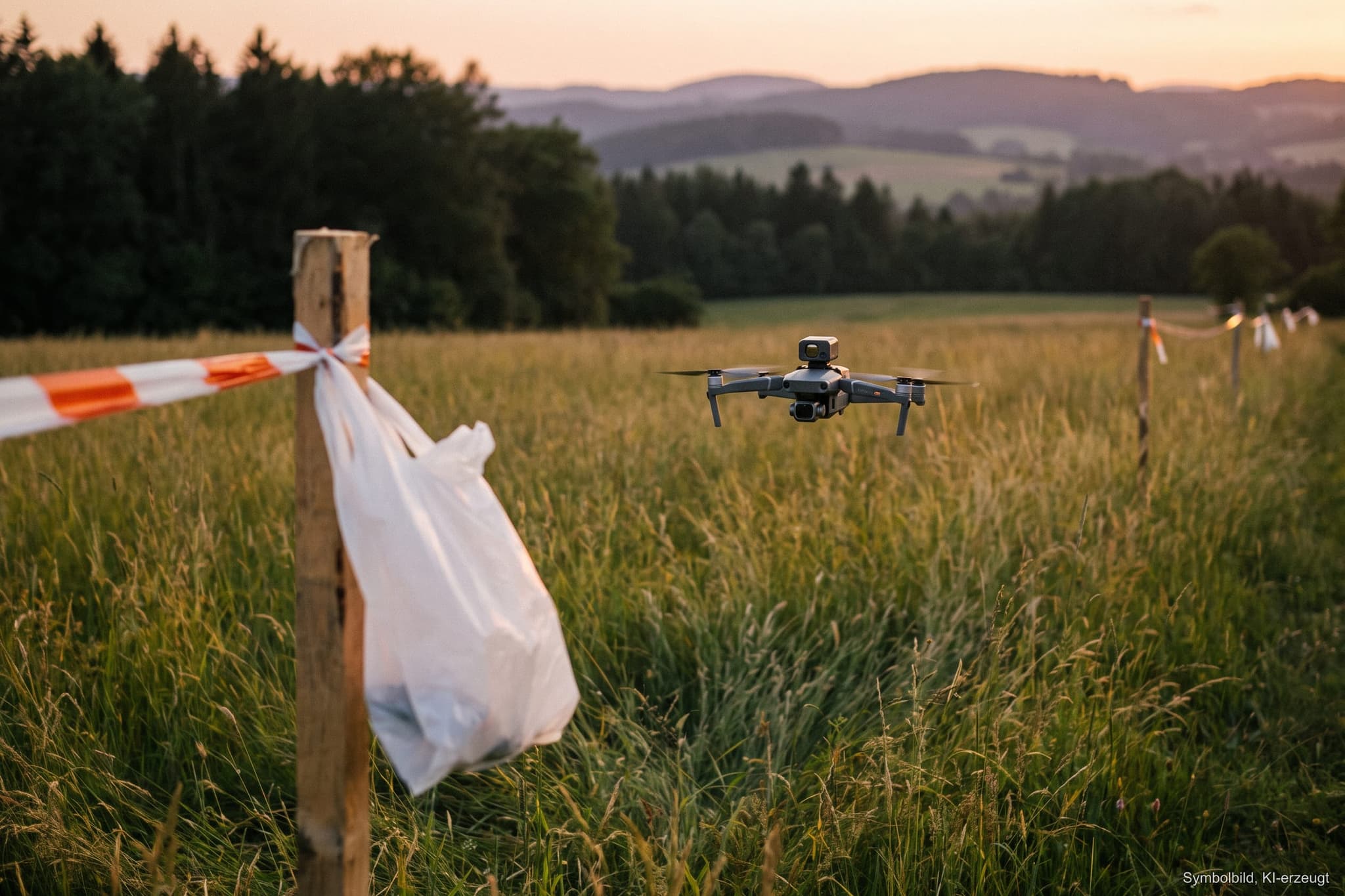 Wiese am Abend vor der Mahd mit Vergrämungspfählen aus Flatterband und Plastiktüten, darüber eine kleine Wärmebilddrohne im Tiefflug (KI-erzeugtes Symbolbild)