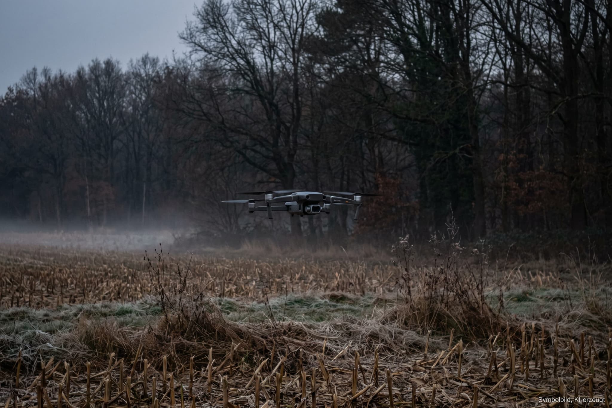 Wärmebilddrohne über einem abgeernteten Maisfeld am Waldrand, Raureif und Bodennebel im ersten Licht (KI-erzeugtes Symbolbild)